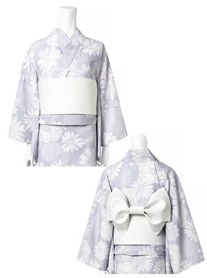 Japanese Kimono Yukata Set Dress light Blue Flower White obi Japanese Kimono Yukata Set Dress light Blue Flower White obi