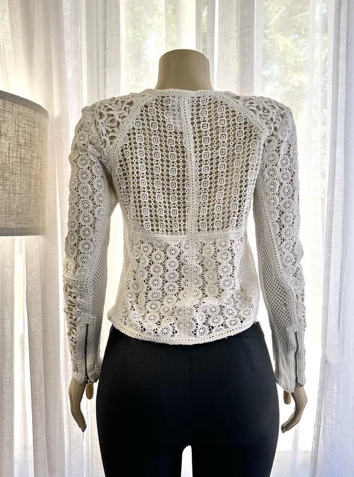 Blazer Yoana Baraschi De Colección Y2K Blanco Semi Transparente Crochet Encaje Expuesto Cremallera Talla 4 Foto 3 de 4