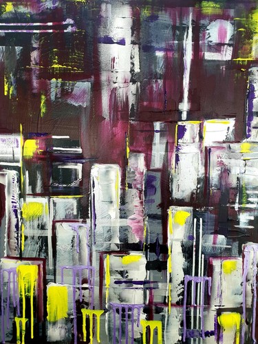 ABSTRACT CITYSCAPE Purple Yellow Acrylic Painting Canvas Wall Art Picture - Picture 2 of 4