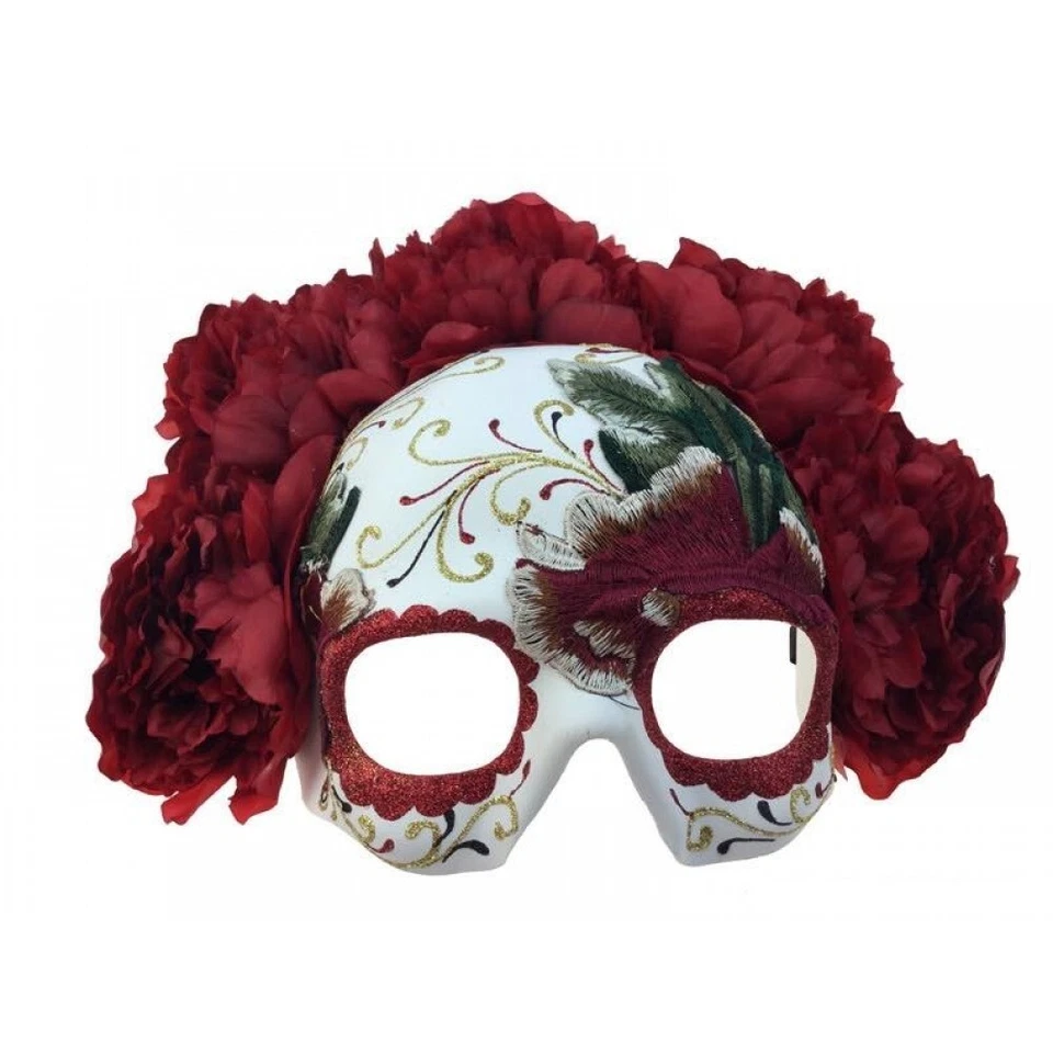Day of the Dead Dia de los Muertos Embroidery Half Face Masquerade Mask [Red] - Image 2 of 3
