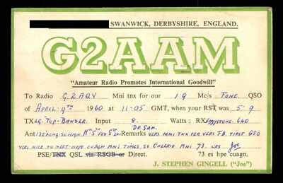 1 x QSL Card Radio UK G2AAM 1960 Swanwick Derbys J Stephen Gingell   A987