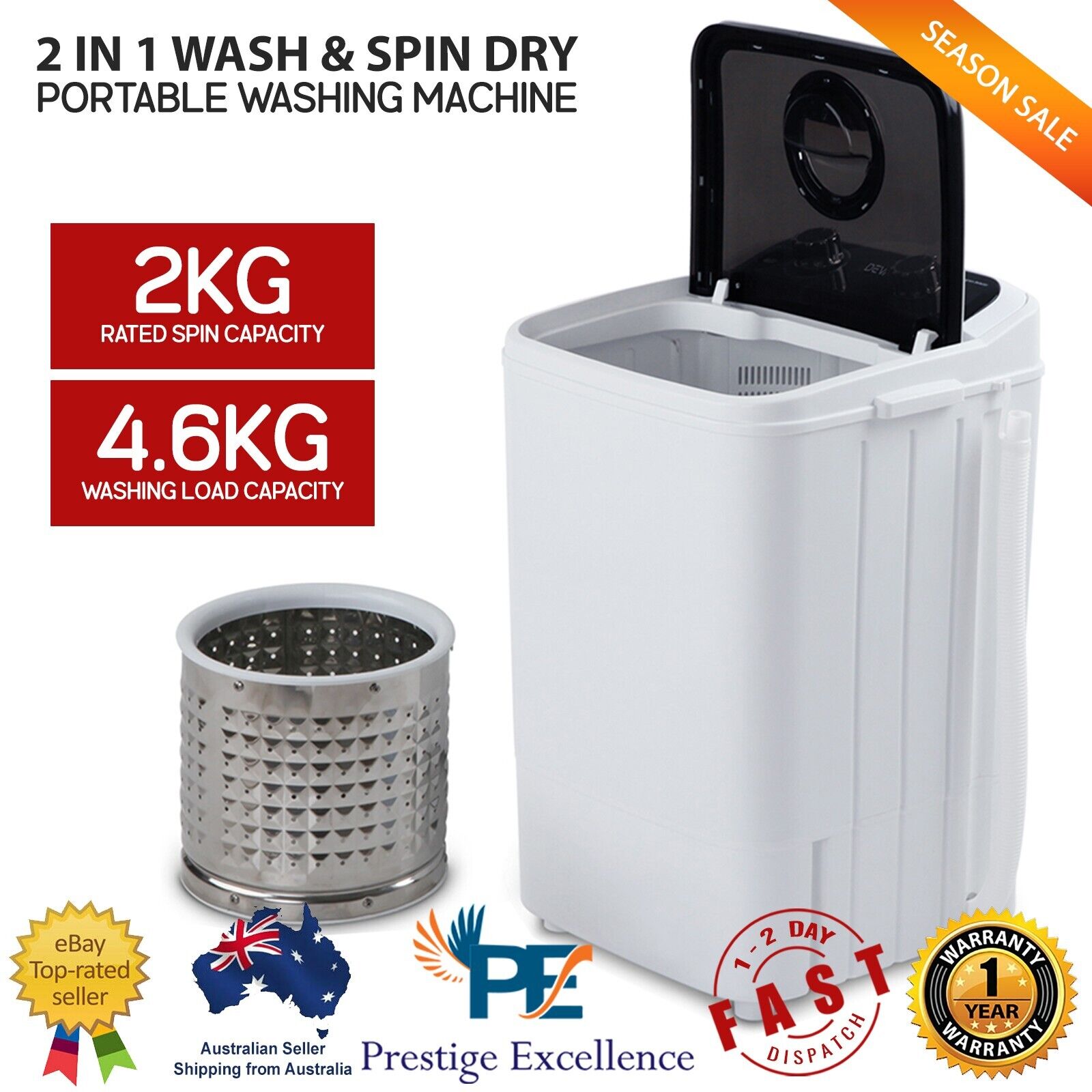4.6KG Mini Portable Washing Machine Black Camping Caravan 2-IN-1 Wash & Spin Dry