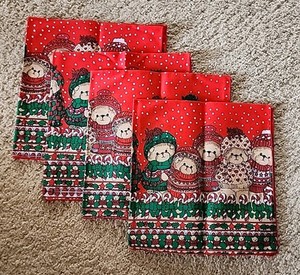 Lucy Rigg SET OF 4 Vintage Cloth Napkins Bears Red Green 16 1/2” x 17" CHRISTMAS