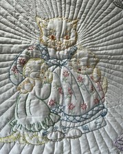 White Quilted Baby Blanket 58x34 Embroidered Mother Cat with Kittens