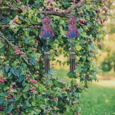 2-PC Gift Set 30" Long Purple Cat with Fish Bone Black Gem Wind Chime