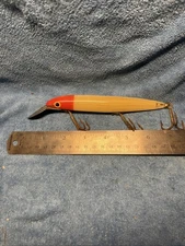 Vintage Musky Cisco Kid 7” Bent Back Fishing Lure Red Head/ White Body Vintage
