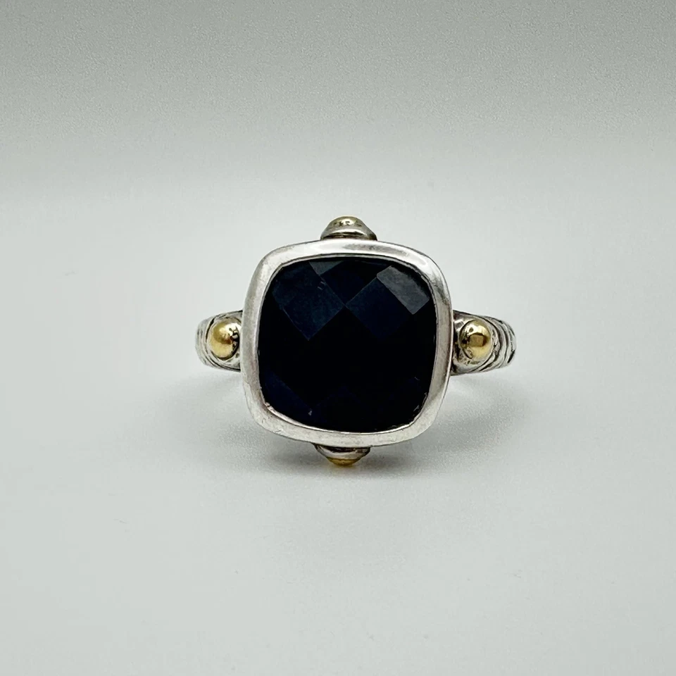 Anillo Effy Plata de Ley 925 Oro Amarillo 14k Cojín Facetado Ónix Negro Talla 8 Foto 2 de 4