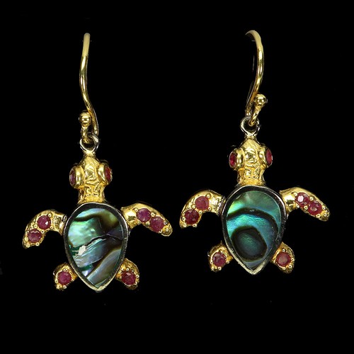 925 Sterling Silver Earrings Round Ruby Myanmar Mop Turtle Gemstone Jewelry
