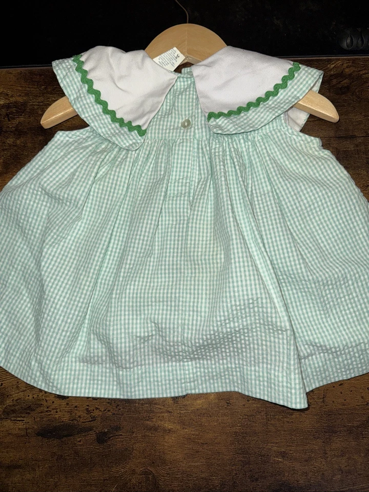 Samara Gingham Green Seersucker Dress Strawberry Accents Size 12 Month Vintage - Image 4 of 4