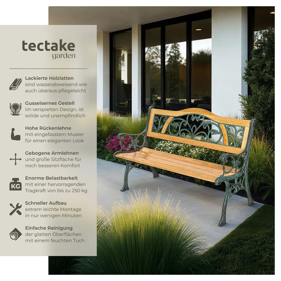 Gartenbank Gartenmöbel Parkbank Sitzbank 2-Sitzer Holz Bank Gusseisen 124x83 cm - Bild 3 von 4