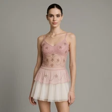 Vintage Y2K Fairycore Top M Pink Beaded Sheer Mesh Boho Balletcore Cami Pinky