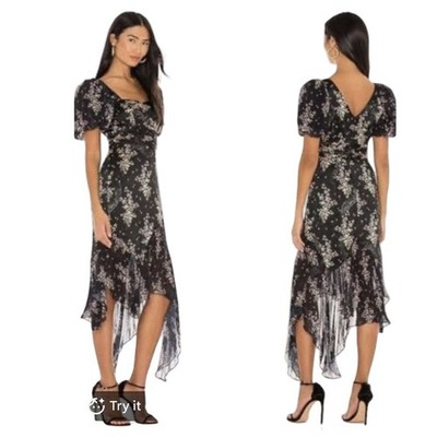 AMUR Black Floral Silk Chiffon Asymmetric Puff Sleeve Midi Dress Sz 4 $598  MSRP | eBay