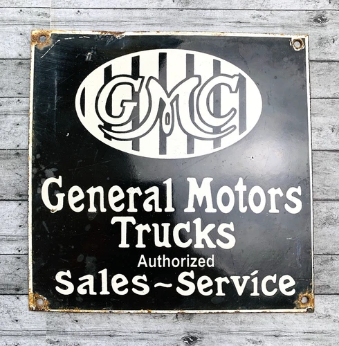 VINTAGE 8x8" GMC General Motors SALES - SERVICE GAS STATION PORCELAIN OIL SIGN