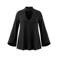 Karen Kane Black Mock Neck Keyhole Bell Sleeve Top Blouse Swing Cutout Sz L