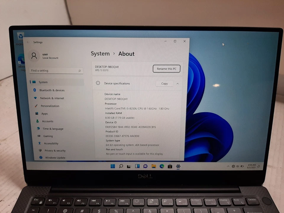 Dell XPS 13 9370 13.3" i5-8250U 1.60GHz 8GB RAM 256GB SSD Win11 #97 Foto 2 de 4