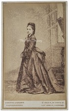 CDV LIVERPOOL PRETTY LADY IN BUSTLE GOWN FASHION ANTIQUE PHOTO VANDYKE & BROWN 