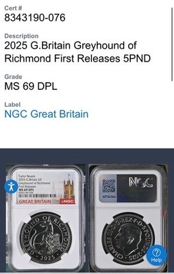2025 GREAT BRITAIN 5PD GREYHOUND OF RICHMOND NGC MS69 DPL TUDOR