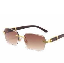 Men's Woodgrain Brown Tint Retro Rimless Vintage Gold Frame Hip Hop Sunglasses