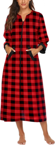 Women Zipper Robe 3/4 Sleeves Loungewear Dress Full Length Sleepwear Pockets Hou