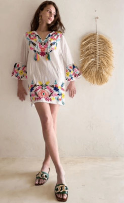 Debbie Katz Womens Embroidered Floral Kaftan Kimono Dress White Size Small NWOT