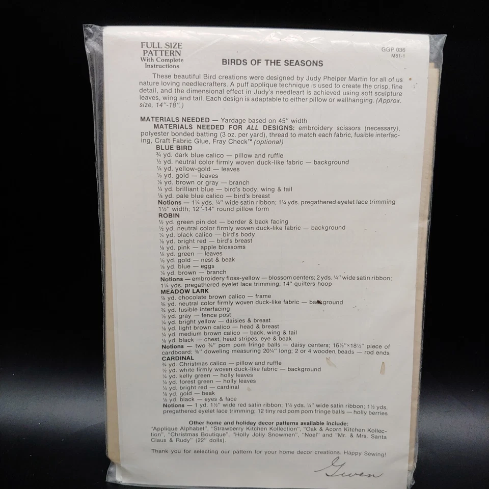 Bird Applique Pillow / Wallhanging Sewing Pattern - Robin Lark Bluebird Cardinal - Image 4 of 4