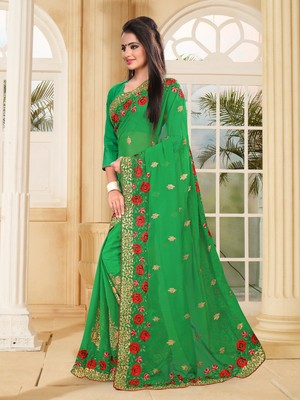 Green Designer Multi Resham Zari Embroidery Work Sari Georgette Party Wear Saree