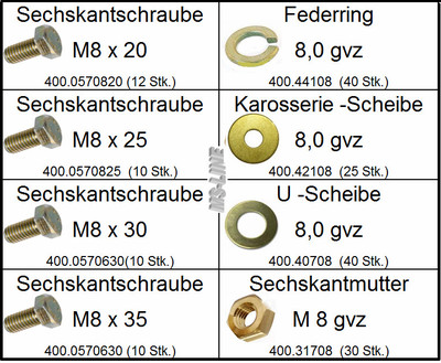 Sortiment DIN-Norm Teile M8 gelb verzinkt 200 tlg (Mutter, Schrauben, Federing)