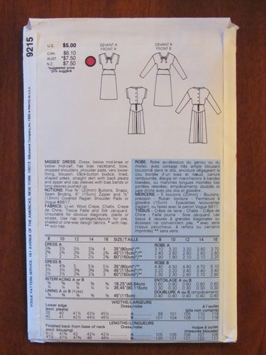 VOGUE PATTERN - 9215 LADIES DRESS SHAPED YOKE BACK PLEATS SIZE 14 UNCUT - Picture 2 of 2