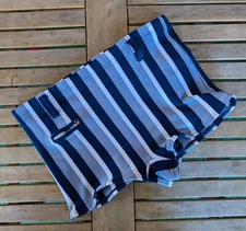 VINTAGE EUROPEAN 1970’S TRI STRIPED BLUE POLYESTER MEN’S BATHING SUIT W POCKET