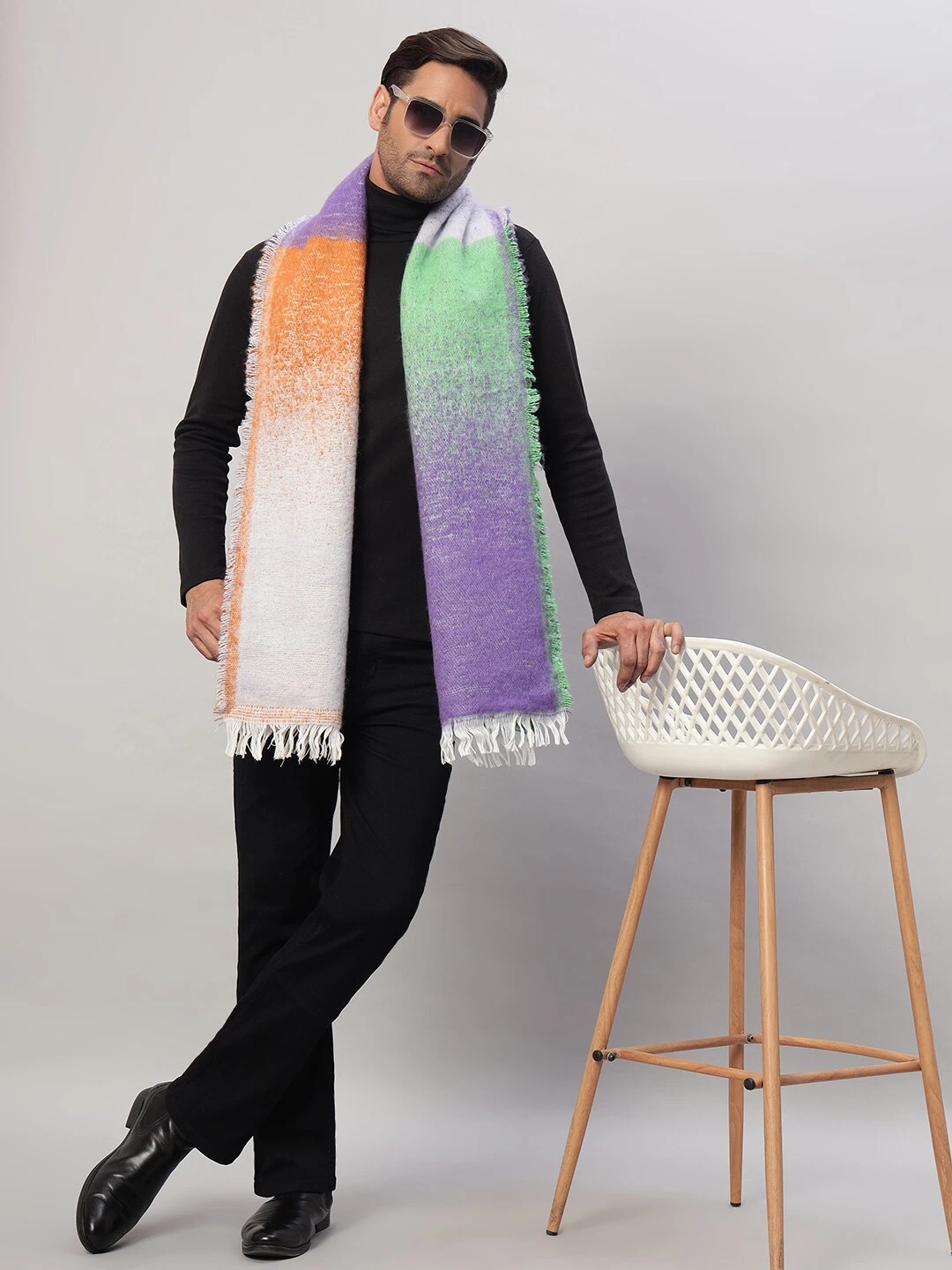 Mens Oversize 100% Cashmere Indian Wool Blanket Shawl Wrap Color Block Scarf