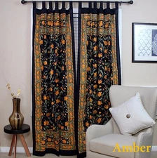 Handmade French Floral Tab Top Curtain 100% Cotton Drape Door Panel Black Amber