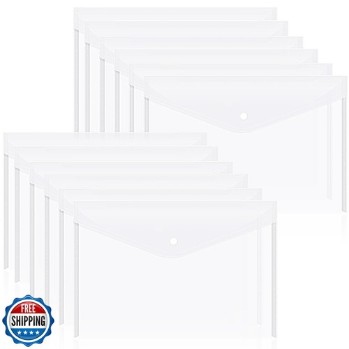 12pcs Plastic Filing Envelopes with Snap Button Closure ,Clear Document Folde