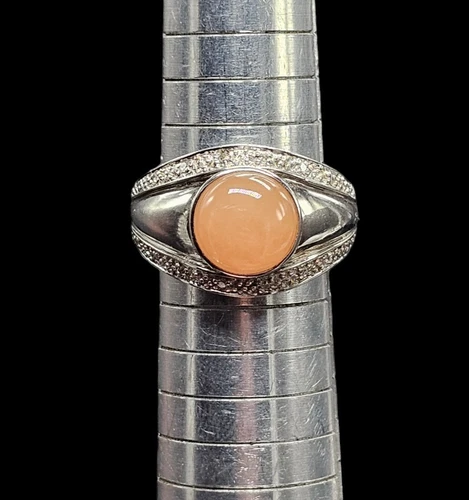 Vintage EA Designer Peach Jade Stone CZ 925 Sterling Silver Ring Sz 9.25 11g