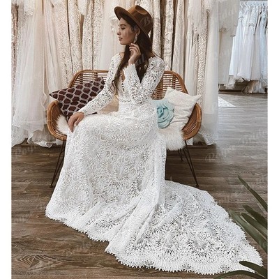 Vintage Long Sleeve Full Lace Mermaid Boho Wedding Dress for Women Backless 