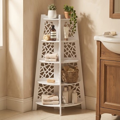 5 Tier Corner Shelf Stand Freestanding Bookcase Storage Organizer White Modern