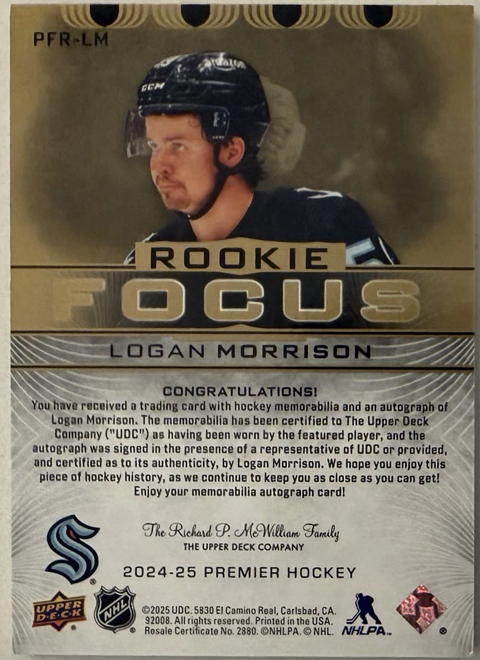 Logan Morrison 2024-25 Upper Deck Premier Rookie Focus Patch Auto #PFR-LM /49 RC - image 2 of 2