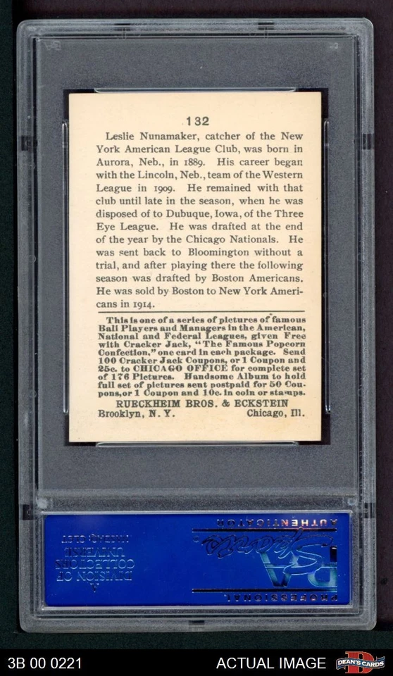 1915 Cracker Jack #132 Les Nunamaker Yankees PSA 5 - EX - Image 2 of 2