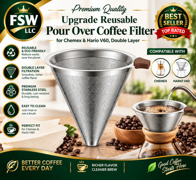 Upgrade Reusable Pour Over Coffee Filter for Chemex & Hario V60, Double Layer
