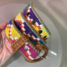 Vintage 90s Leathers Guatemala Multi Color Aztec Woven Tooled Belt SZ S
