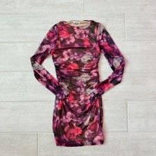 Blashe Mini Dress Long Sleeve Wide Neck Floral Side Ruched Sheath Black Pink S
