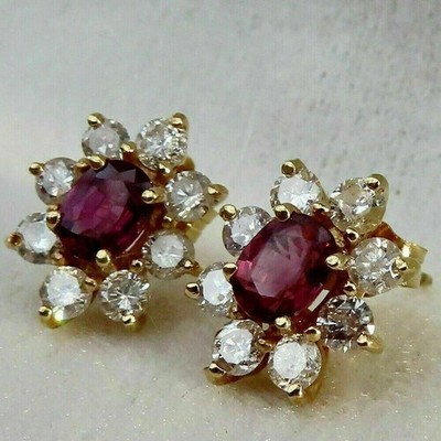 2 Ct Oval Cut Simulated Red Ruby Halo Stud Earrings In 14K Yellow Gold Plated