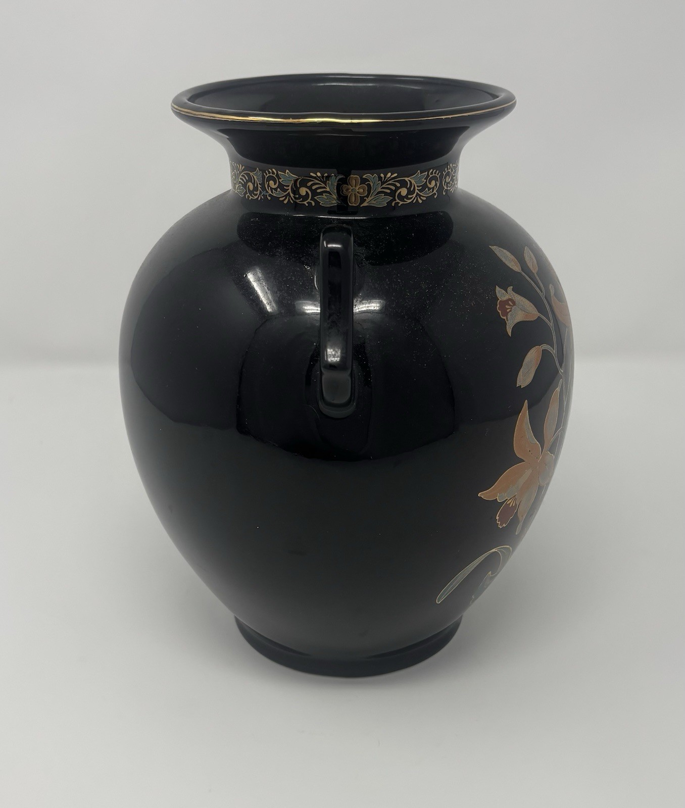 Ornate Black Japanese Vase with Floral Detailing and Gold Accents