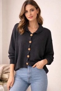 Vintage Black Knit Brown Button oversized Cardigan Vtg Goth Emo Scene 2010's