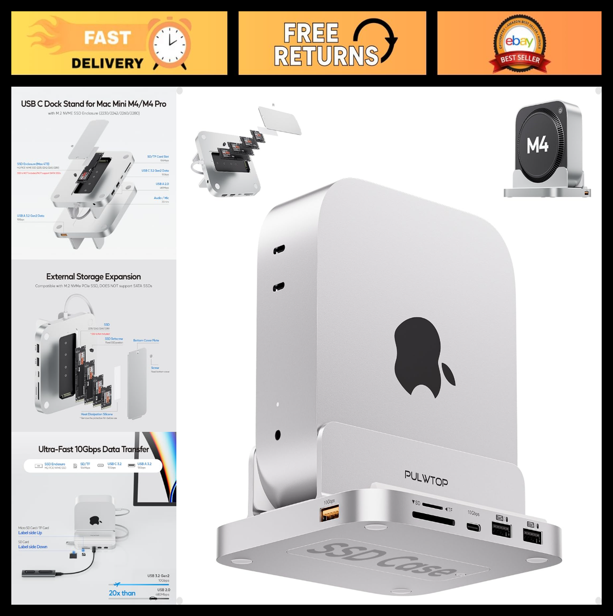 4TB M.2 SSD Enclosure & 8-in-1 USB-C Hub for Mac Mini M4 Pro