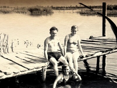 1960s Man Swim Trunks Two Women Lake Pier Vintage Photo