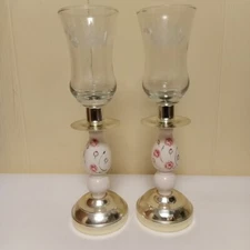 One Pair Candlestick Holders Pink Roses W/votive Globes With Hummingbirds 