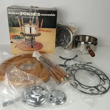 VINTAGE Deluxe Fondue Set 8 Forks 18.8 Stainless Steel Oak Base Handle MCM Swiss