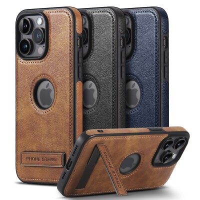 For iPhone 16 15 14 Plus 13 12 Pro Max Slim Leather Built-in Kickstand Case