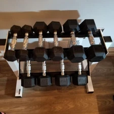 150 LB Rubber Hex Dumbbell Weight Set with Two Tier Storage Rack, Home Gym