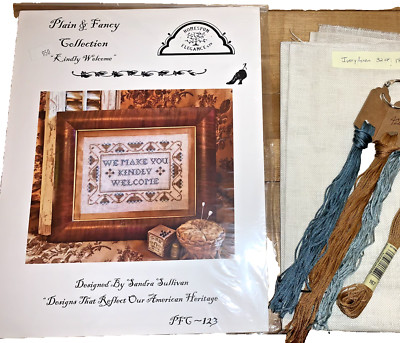 HOMESPUN ELEGANCE PLAIN & FANCY ''KINDLY WELCOME'' CROSS STITCH PATTERN KIT FLOSS